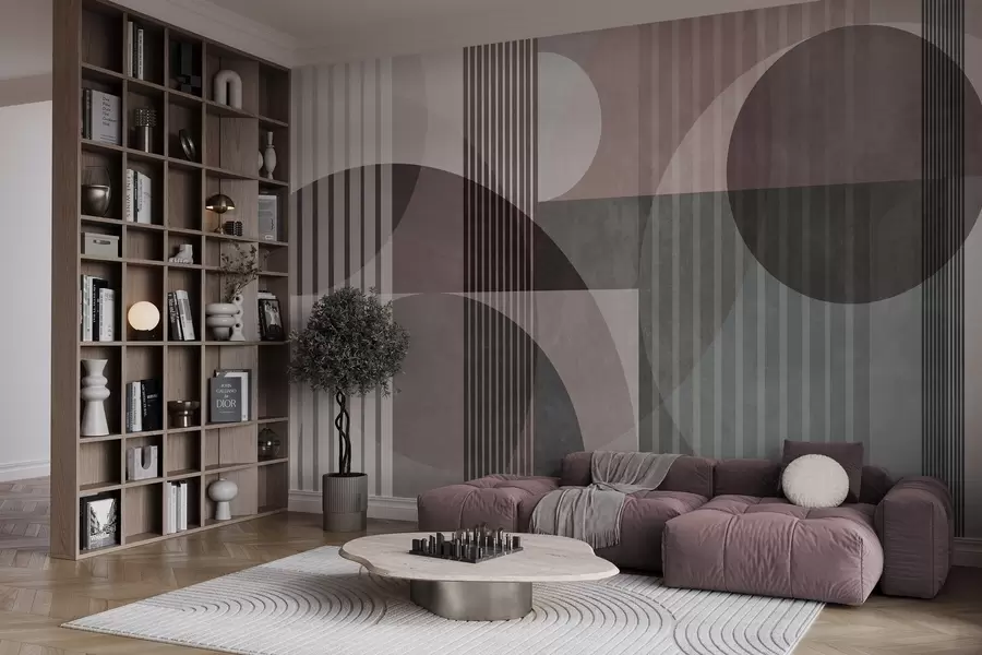 wall murals Abstract geometric shapes with circles and lines, muted tones, textured, layered composition w09834v1