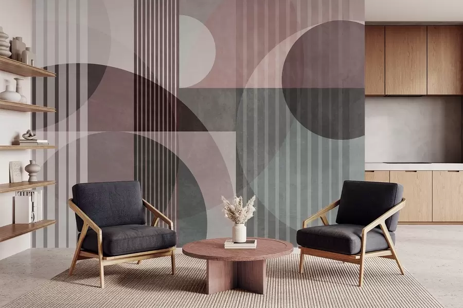 wall murals Abstract geometric shapes with circles and lines, muted tones, textured, layered composition w09834v1