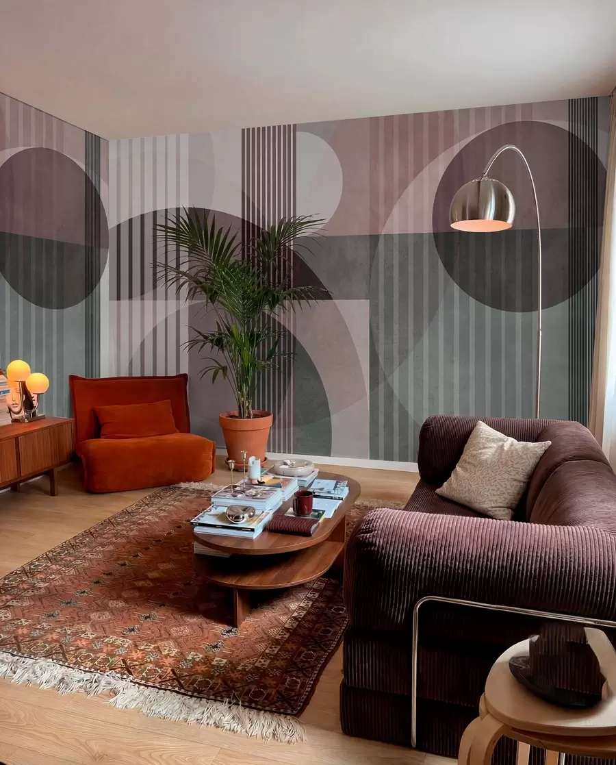 wall murals Abstract geometric shapes with circles and lines, muted tones, textured, layered composition w09834v1
