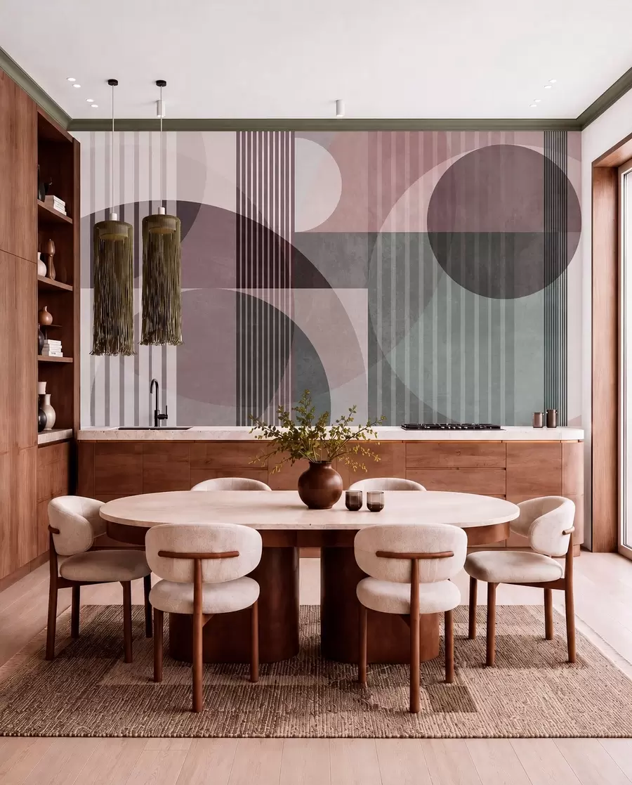 wall murals Abstract geometric shapes with circles and lines, muted tones, textured, layered composition w09834v1