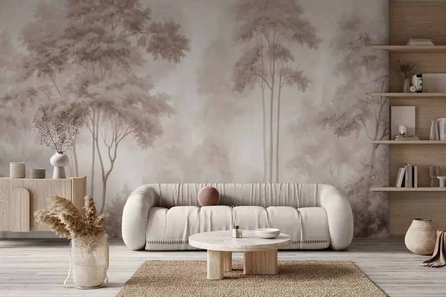 wall murals Abstract forest landscape in smoky beige tones with a sense of depth w09657
