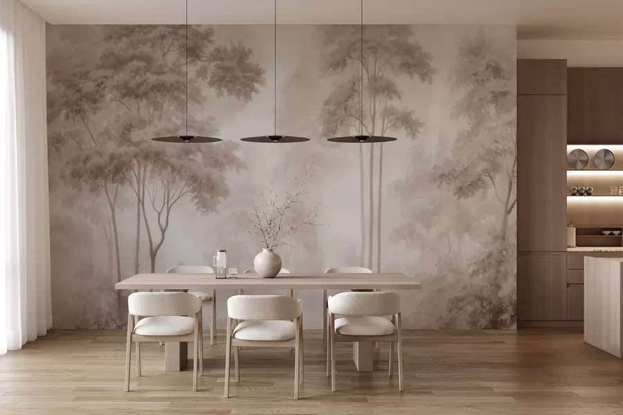 wall murals Abstract forest landscape in smoky beige tones with a sense of depth w09657