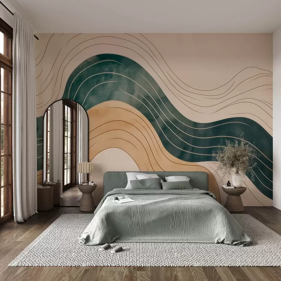 wall murals Abstract wavy lines in natural sand and emerald tones w09732