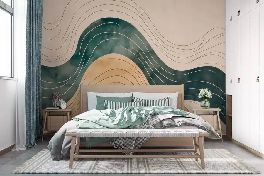 wall murals Abstract wavy lines in natural sand and emerald tones w09732