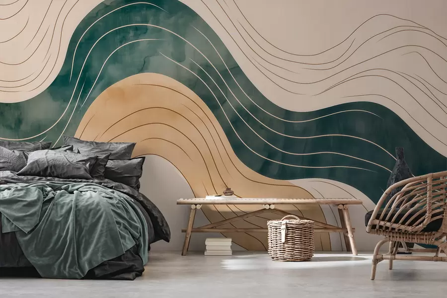 wall murals Abstract wavy lines in natural sand and emerald tones w09732
