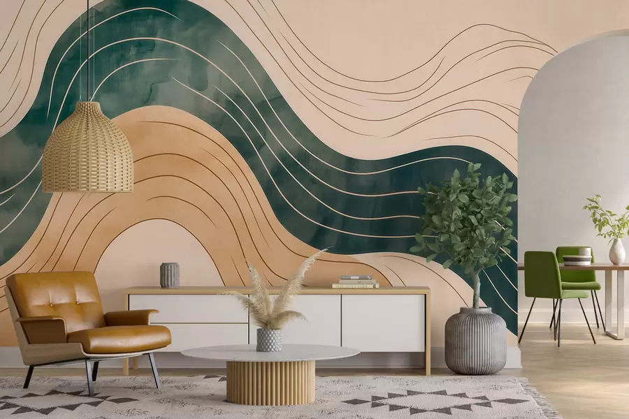 wall murals Abstract wavy lines in natural sand and emerald tones w09732