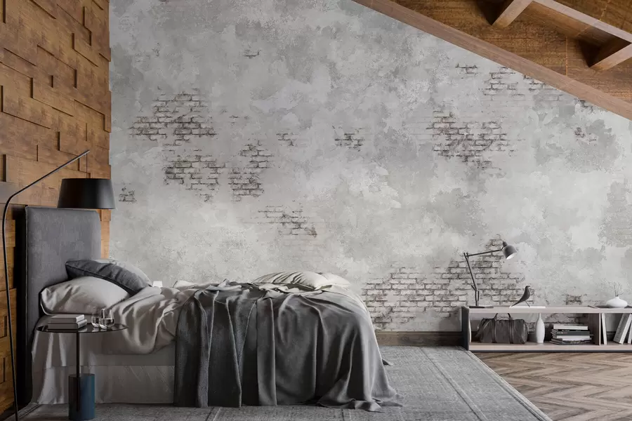 wall murals Grunge grey plaster with exposed brick patches w05161v2