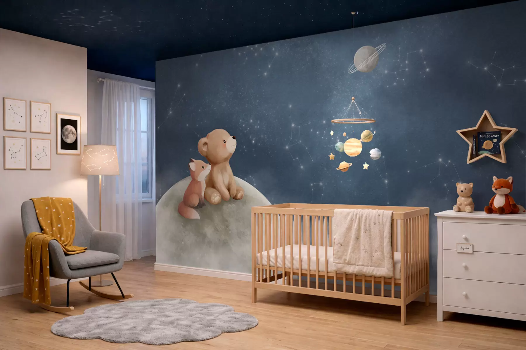 wall murals Pastel illustration bear and fox night sky w05431