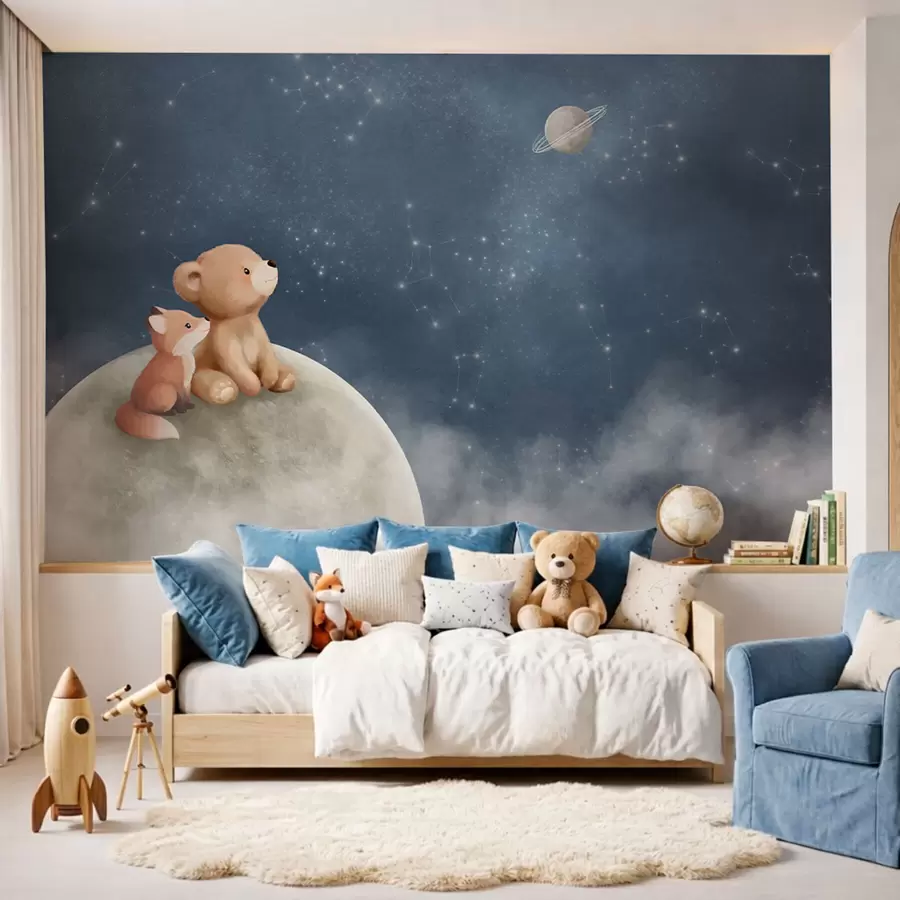 wall murals Pastel illustration bear and fox night sky w05431