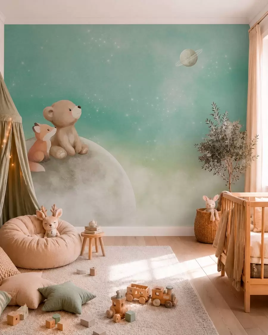 wall murals Pastel illustration bear and fox green sky w05431v1