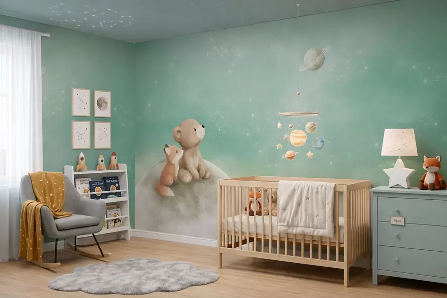 wall murals Pastel illustration bear and fox green sky w05431v1