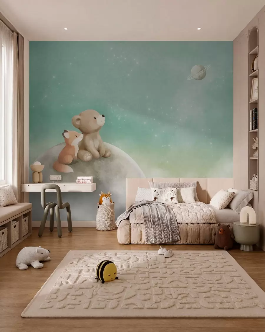 wall murals Pastel illustration bear and fox green sky w05431v1