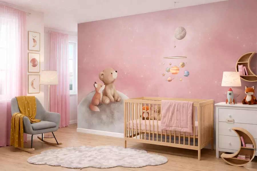 wall murals Pastel illustration bear and fox on moon pink sky w05431v2