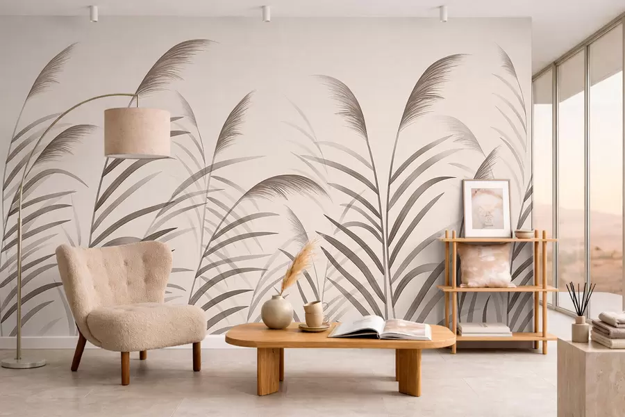 wall murals Minimalism reed silhouettes in beige tones w05432