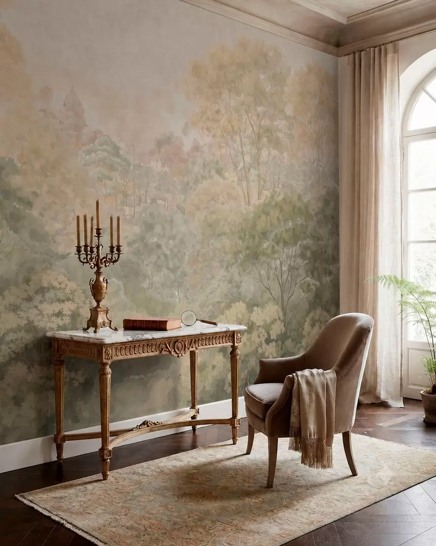 wall murals Vintage forest landscape in muted green tones w05433