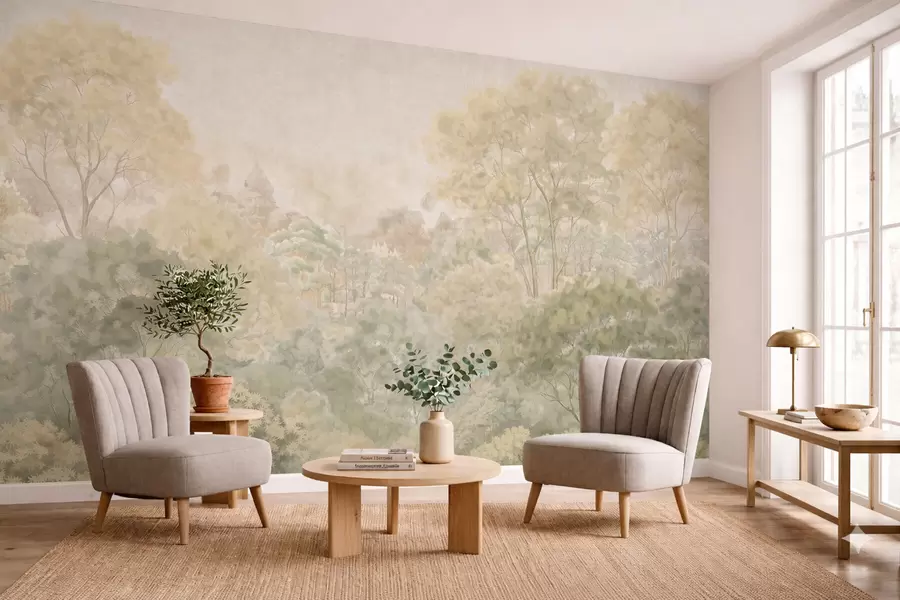 wall murals Vintage forest landscape in muted green tones w05433