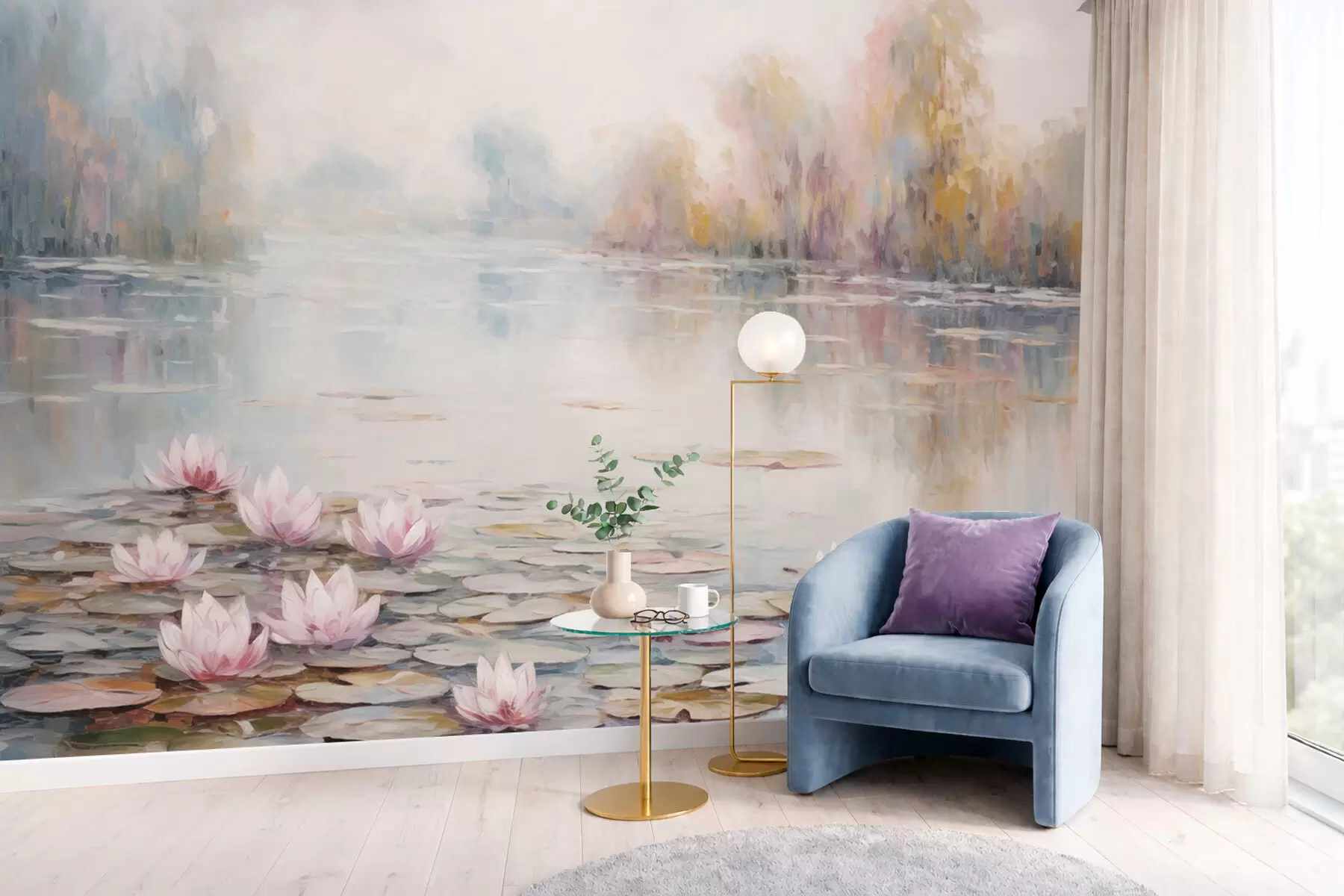 wall murals Impressionism lake with water lilies and soft light w05515