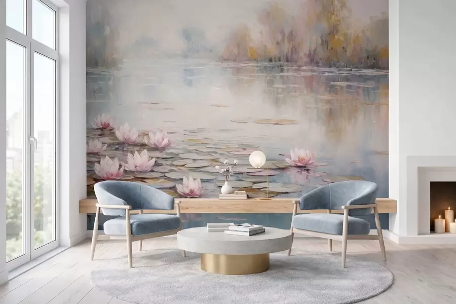 wall murals Impressionism lake with water lilies and soft light w05515