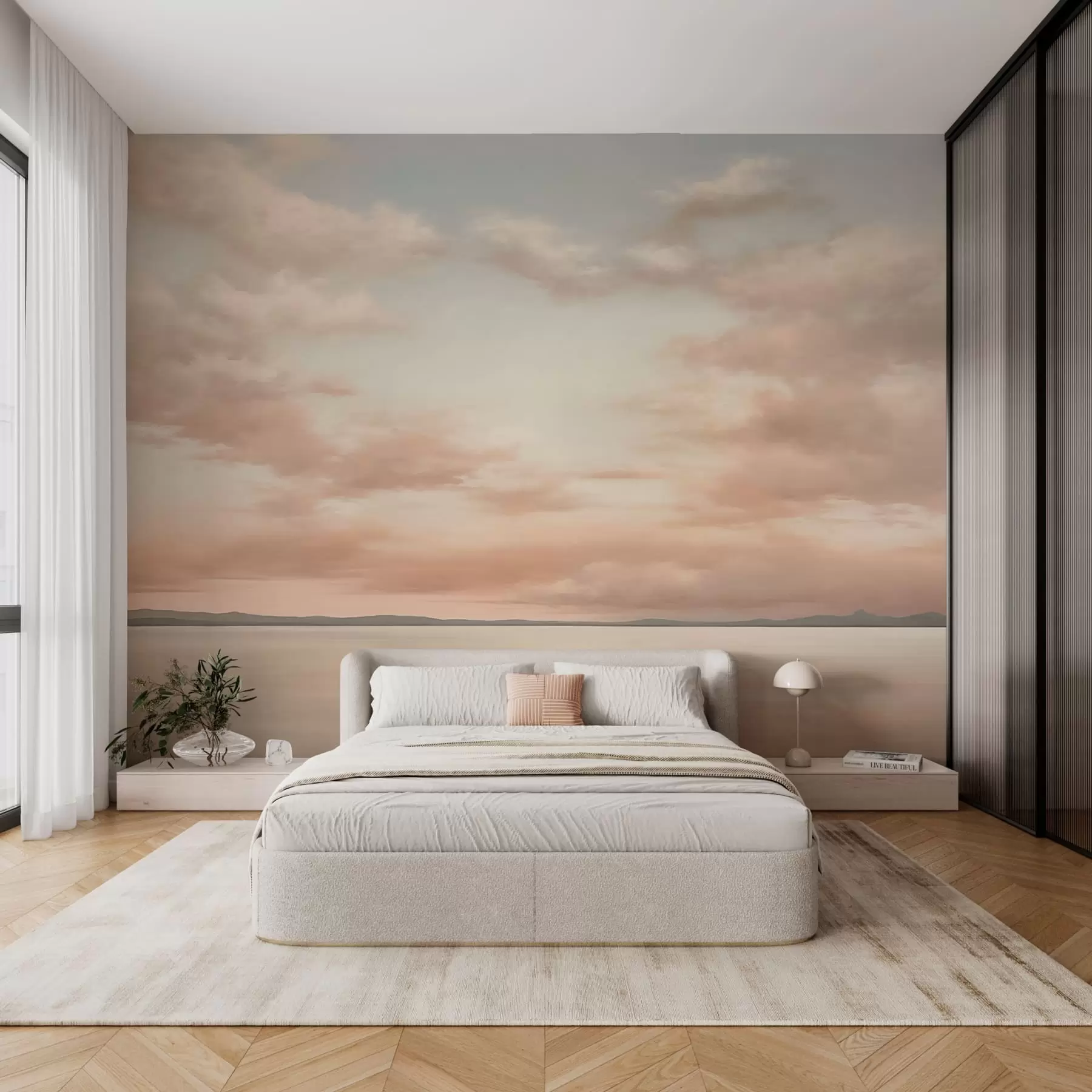 wall murals Minimalism sea horizon with pastel clouds w05516