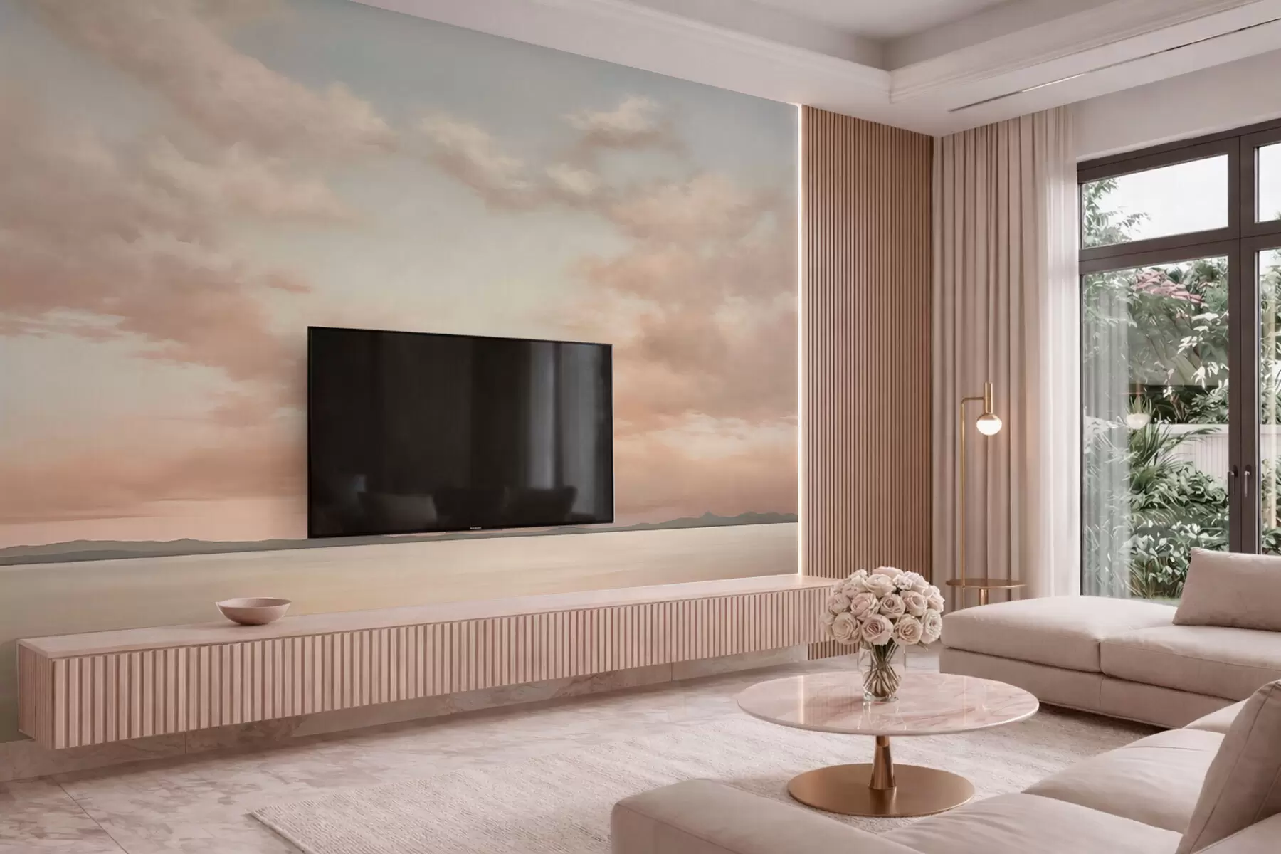 wall murals Minimalism sea horizon with pastel clouds w05516
