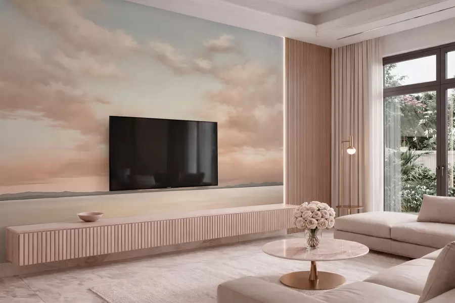 wall murals Minimalism sea horizon with pastel clouds w05516