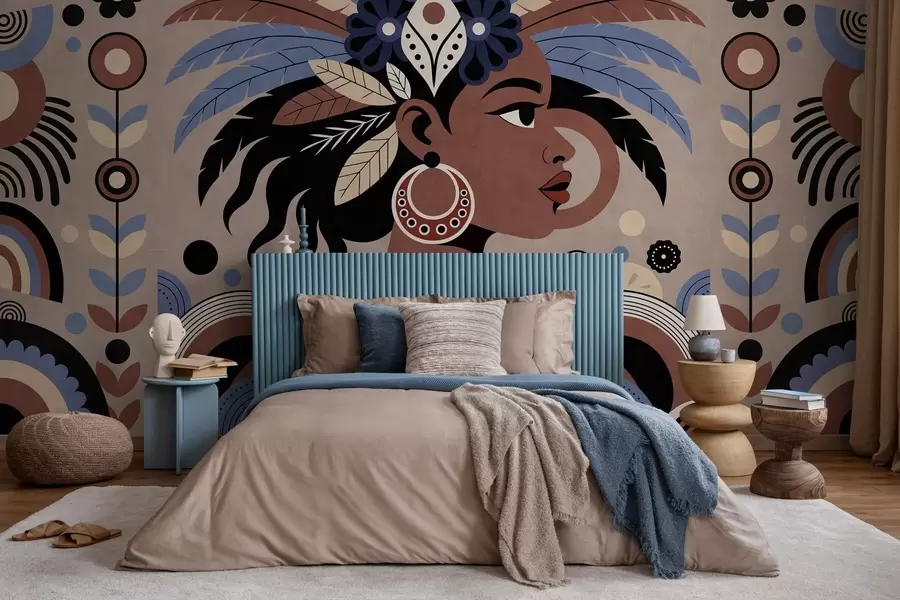 wall murals a stylish African-inspired design in shades of blue and chocolate w05389