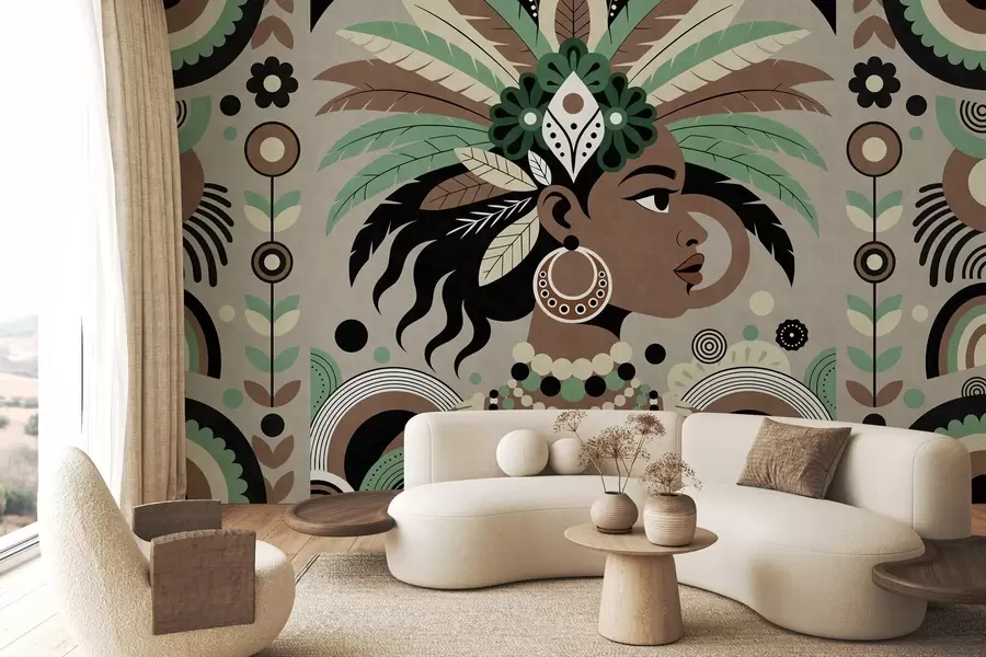 wall murals a stylish African-inspired design in shades of green, brown and beige w05389v1