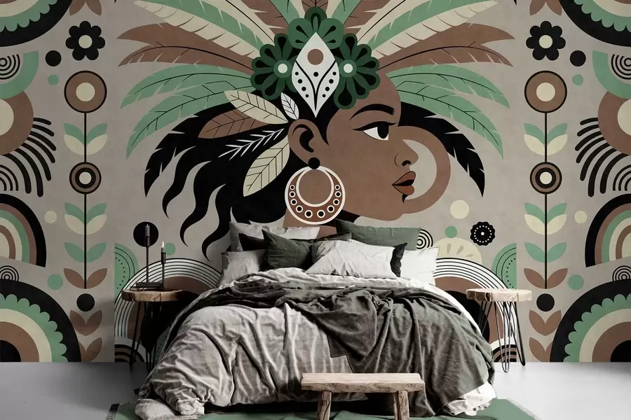 wall murals a stylish African-inspired design in shades of green, brown and beige w05389v1