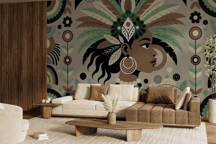 wall murals a stylish African-inspired design in shades of green, brown and beige w05389v1