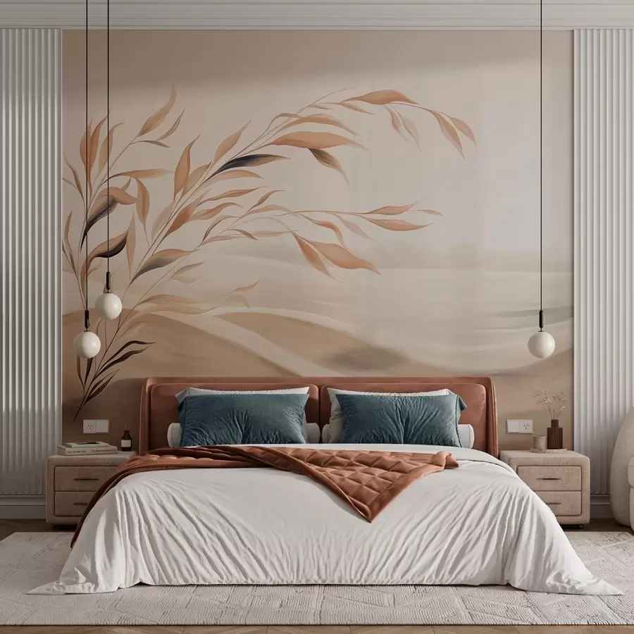 wall murals A soft landscape with a branch over hills in light beige tones w05297