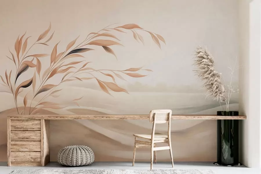 wall murals A soft landscape with a branch over hills in light beige tones w05297