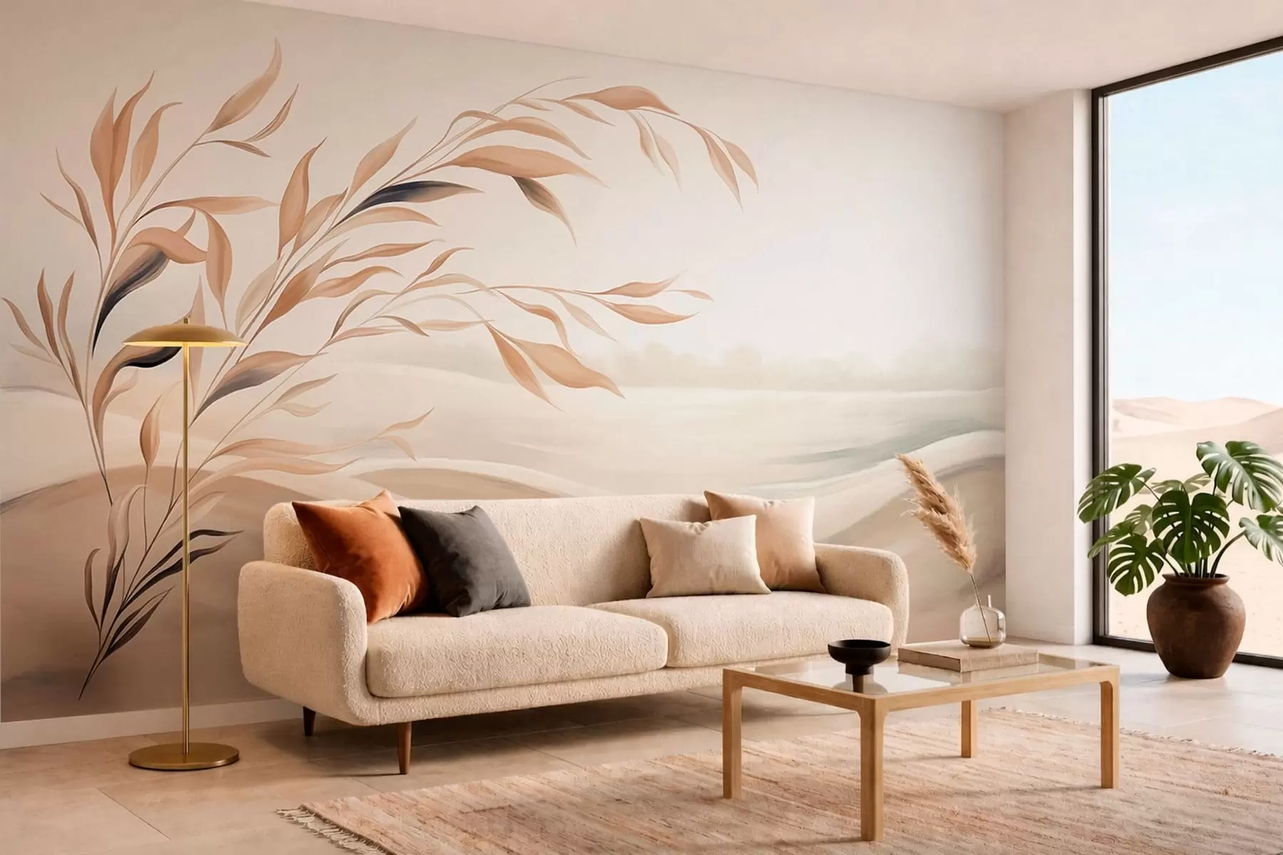wall murals A soft landscape with a branch over hills in light beige tones w05297
