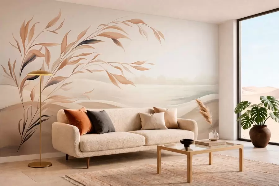 wall murals A soft landscape with a branch over hills in light beige tones w05297