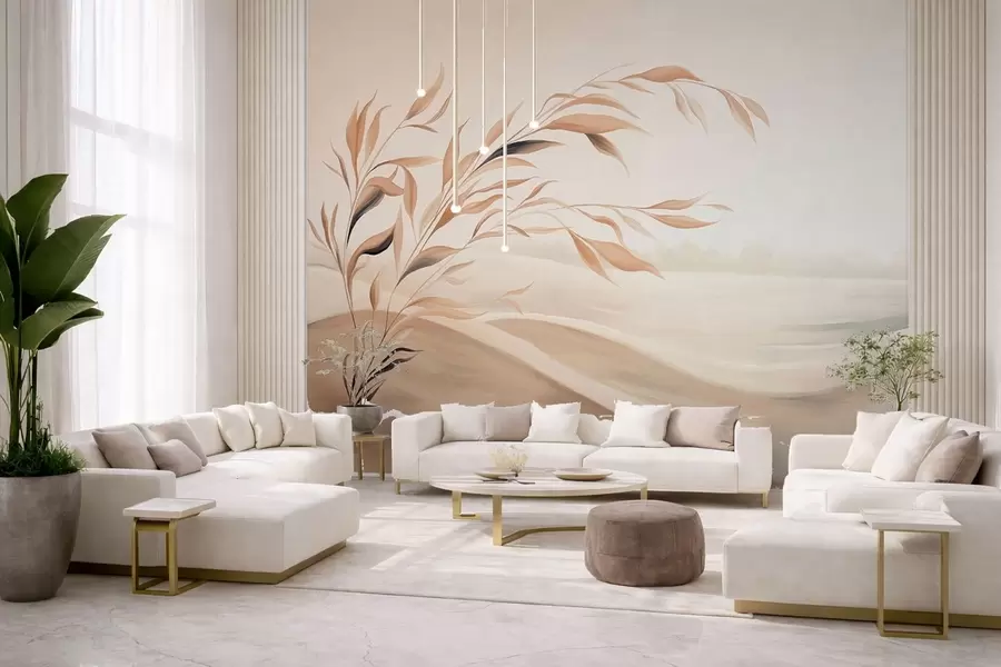 wall murals A soft landscape with a branch over hills in light beige tones w05297
