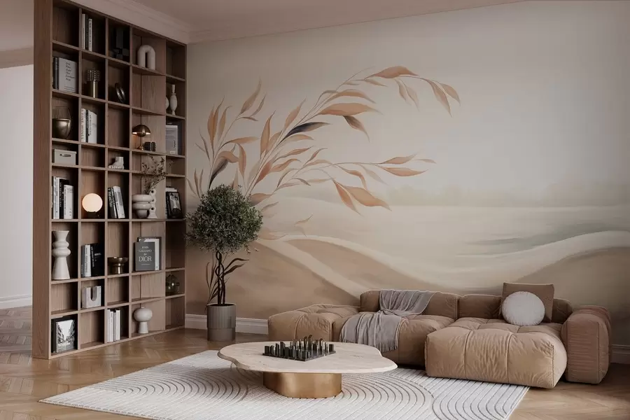 wall murals A soft landscape with a branch over hills in light beige tones w05297