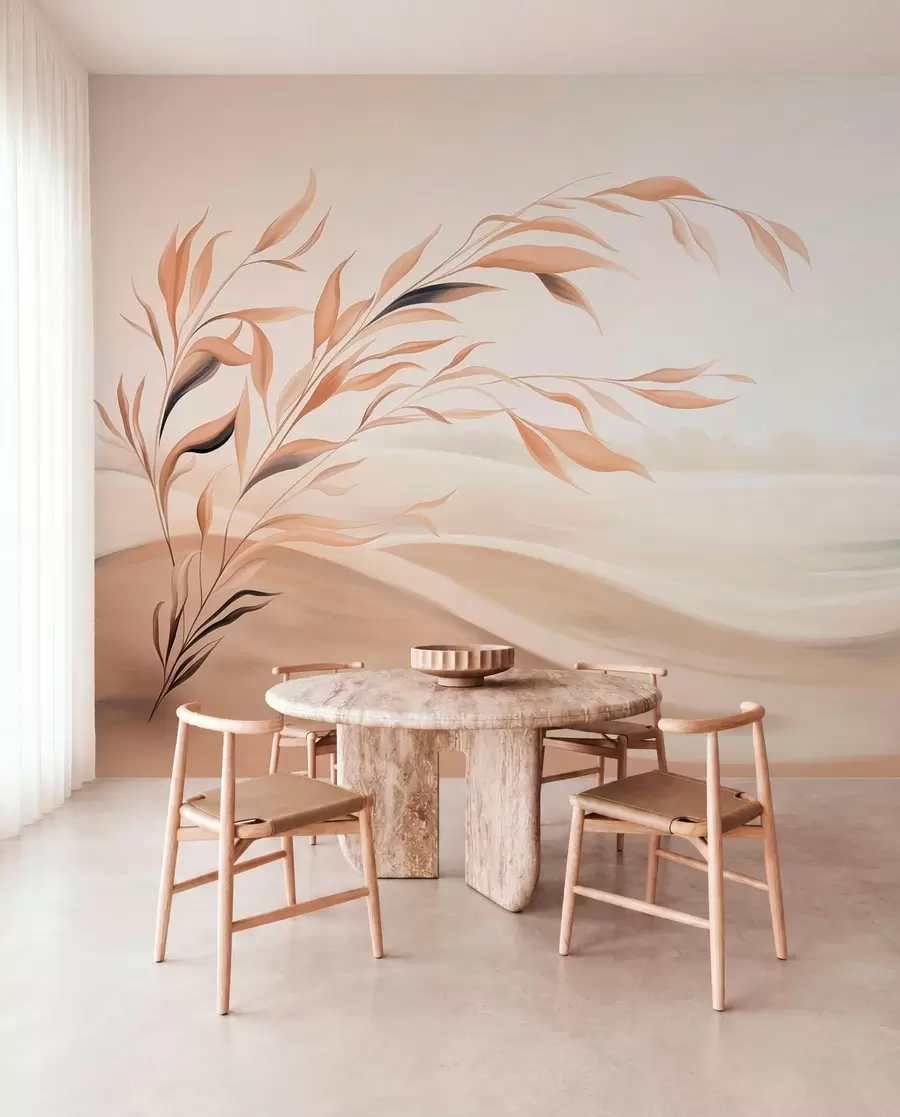 wall murals A soft landscape with a branch over hills in light beige tones w05297