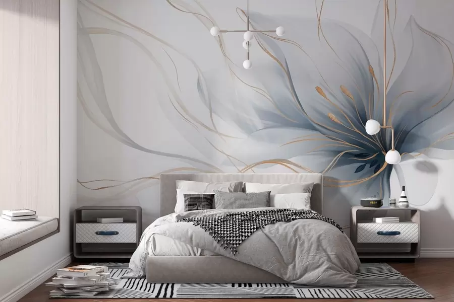 wall murals An abstract blue flower with flowing lines in the Fluid Art style w05428
