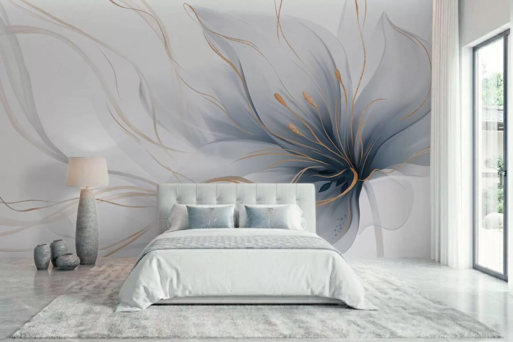 wall murals An abstract blue flower with flowing lines in the Fluid Art style w05428