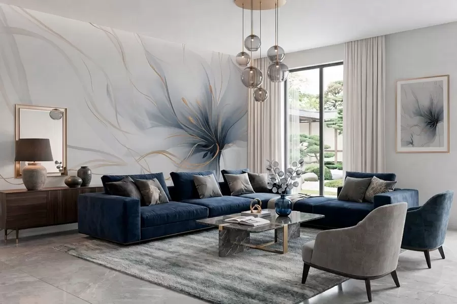 wall murals An abstract blue flower with flowing lines in the Fluid Art style w05428