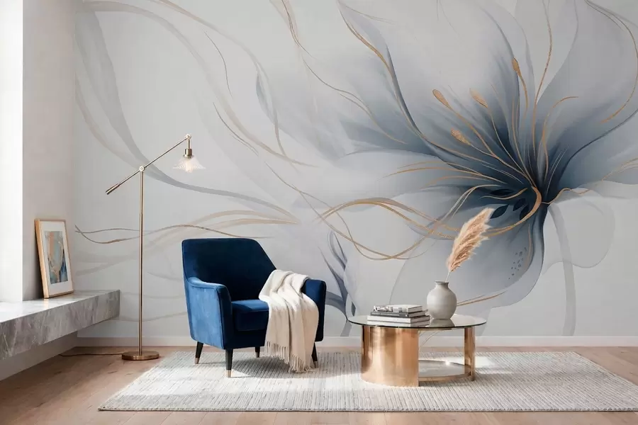 wall murals An abstract blue flower with flowing lines in the Fluid Art style w05428