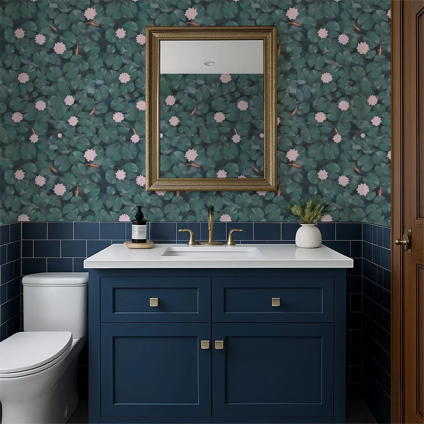 wall murals Water lilies with flowers and fish on dark background a01177