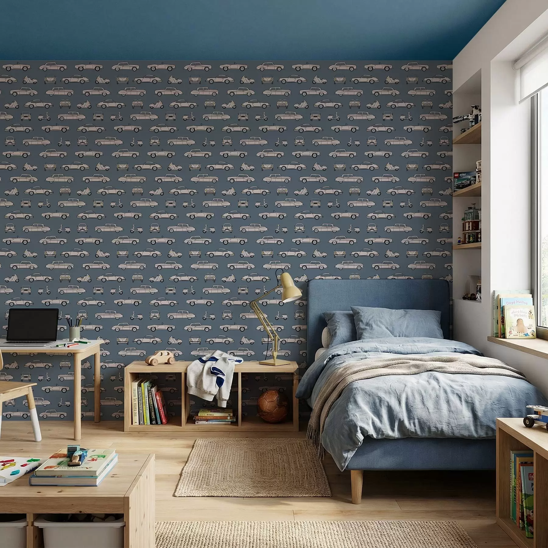 wall murals Retro cars and scooters on blue background a01178