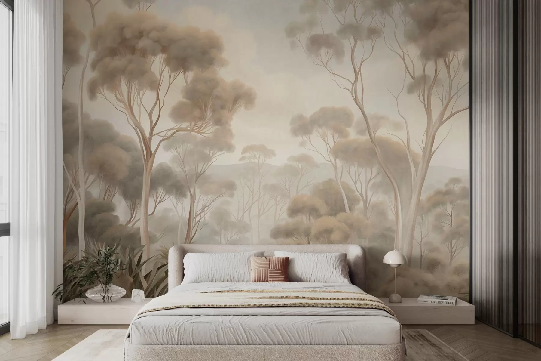 wall murals A misty forest landscape with tall eucalyptus trees, with rolling hills under a cloudy sky, textured art w09822