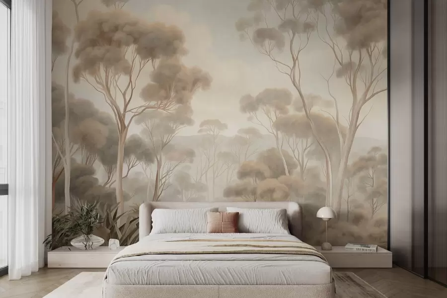wall murals A misty forest landscape with tall eucalyptus trees, with rolling hills under a cloudy sky, textured art w09822