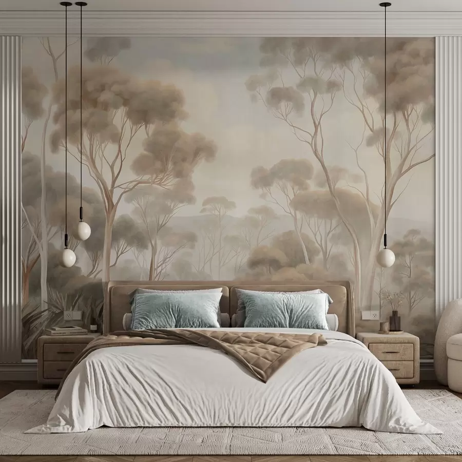 wall murals A misty forest landscape with tall eucalyptus trees, with rolling hills under a cloudy sky, textured art w09822