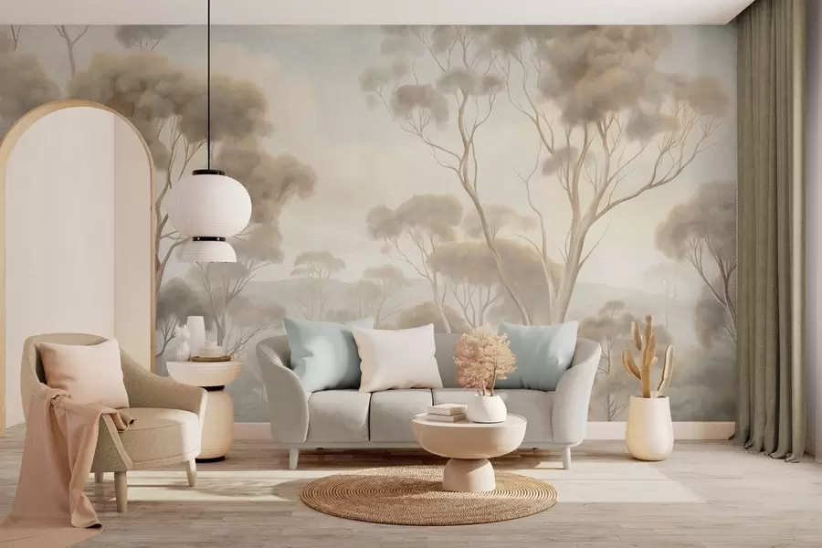 wall murals A misty forest landscape with tall eucalyptus trees, with rolling hills under a cloudy sky, textured art w09822