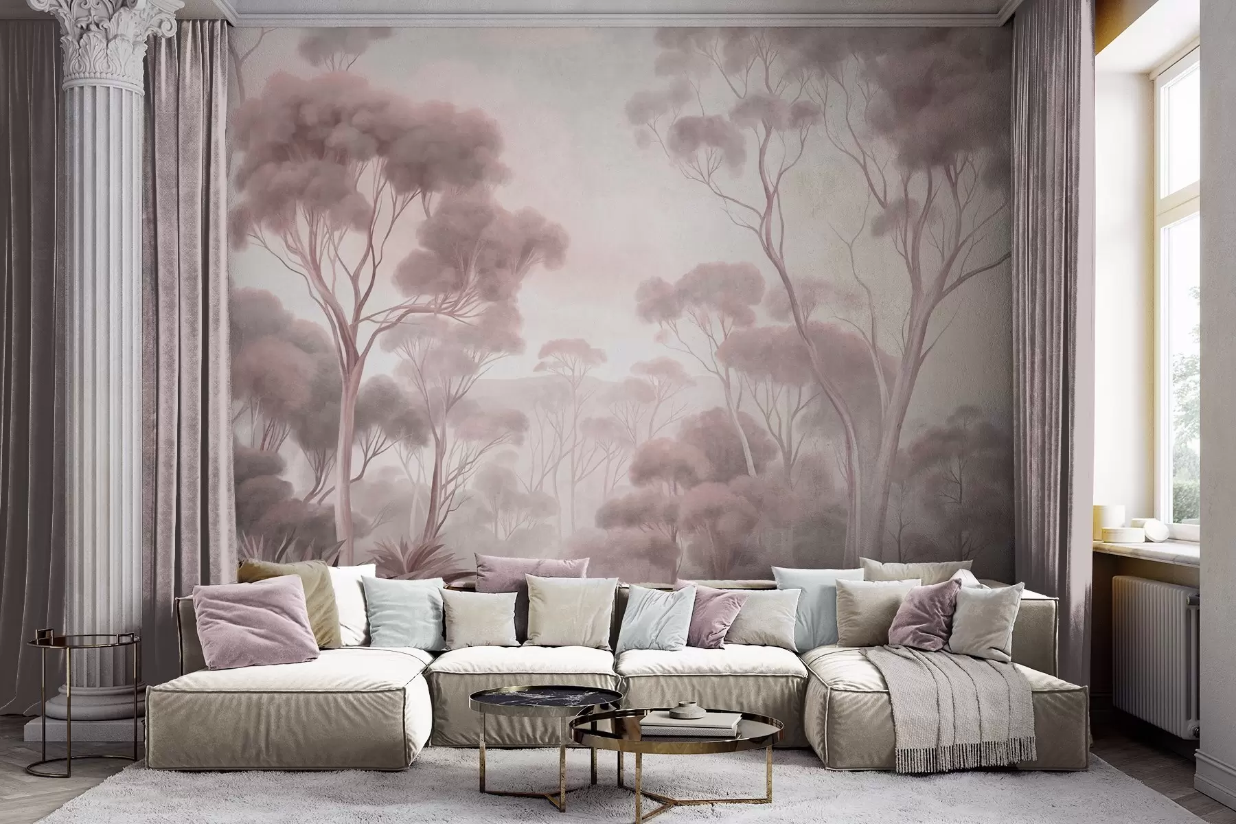 wall murals A misty forest landscape with tall eucalyptus trees, with rolling hills under a cloudy sky, textured art w09822v1
