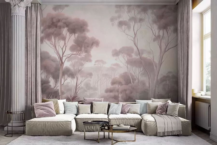 wall murals A misty forest landscape with tall eucalyptus trees, with rolling hills under a cloudy sky, textured art w09822v1