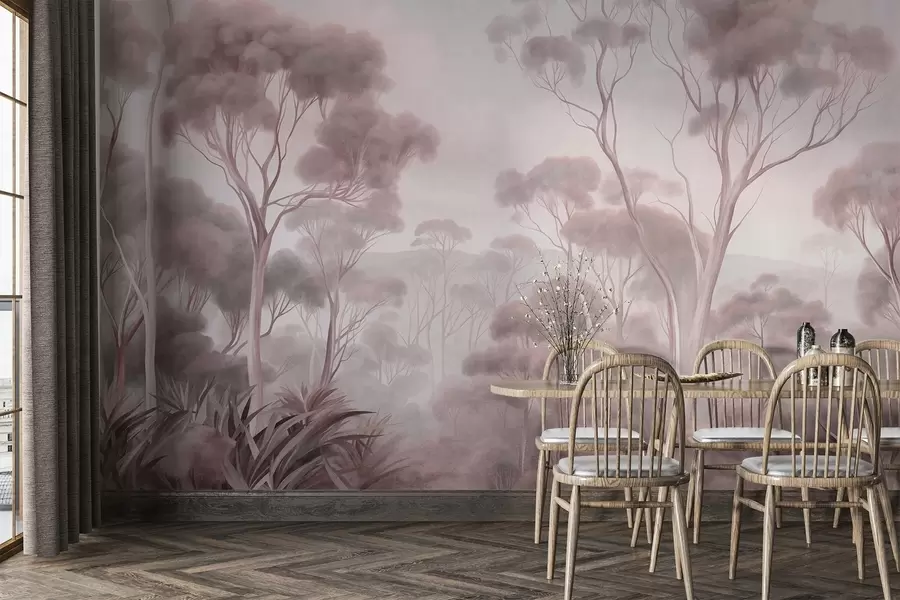 wall murals A misty forest landscape with tall eucalyptus trees, with rolling hills under a cloudy sky, textured art w09822v1