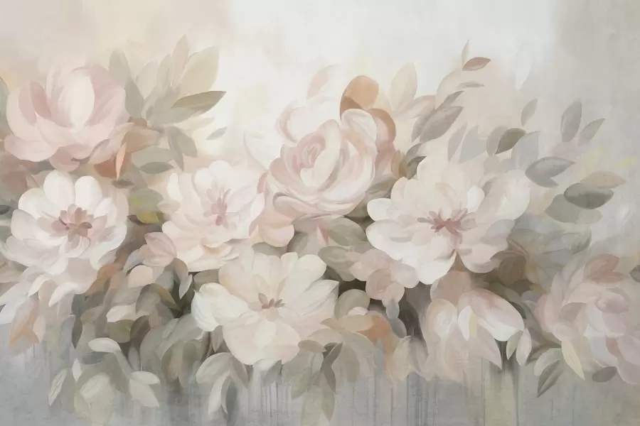 wall murals Pale pink and white flowers with green leaves, painted style, impressionistic style, textured art w09824